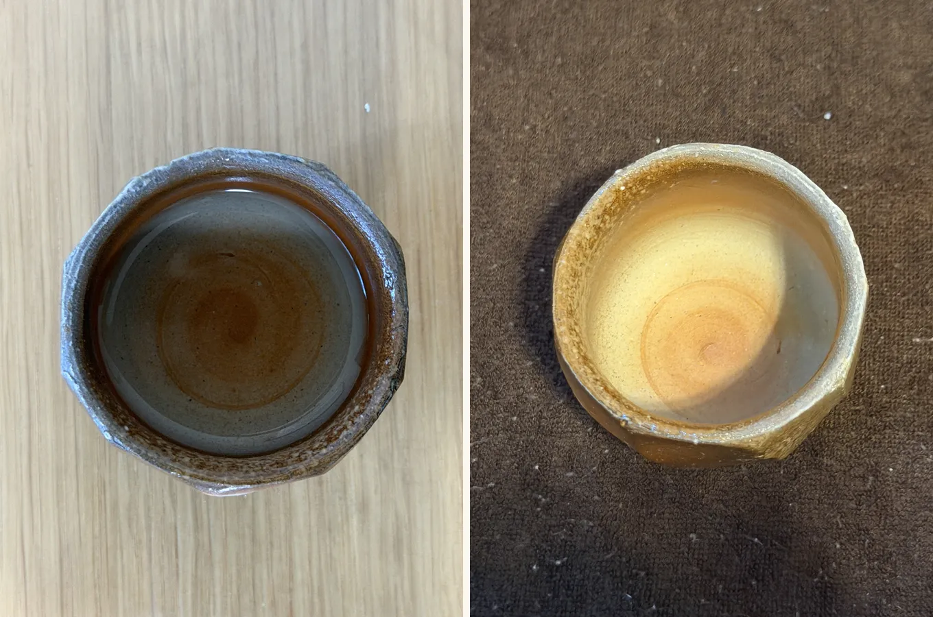 The inside of the empty Bizen guinomi photographed in daylight on a wooden table and under warm indoor light on a brown cloth