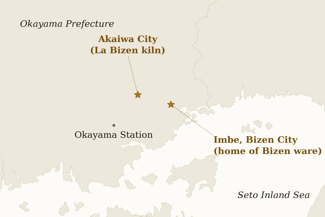 Map of southern Okayama showing Akaiwa City, where La Bizen is located, and Imbe in Bizen City