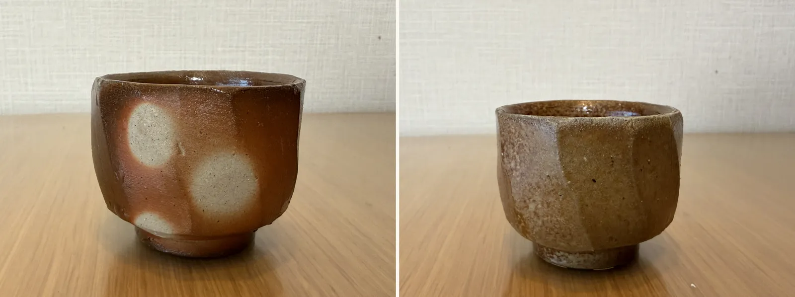 Two sides of the same Bizen guinomi: one with three pale circles, the other plain brown