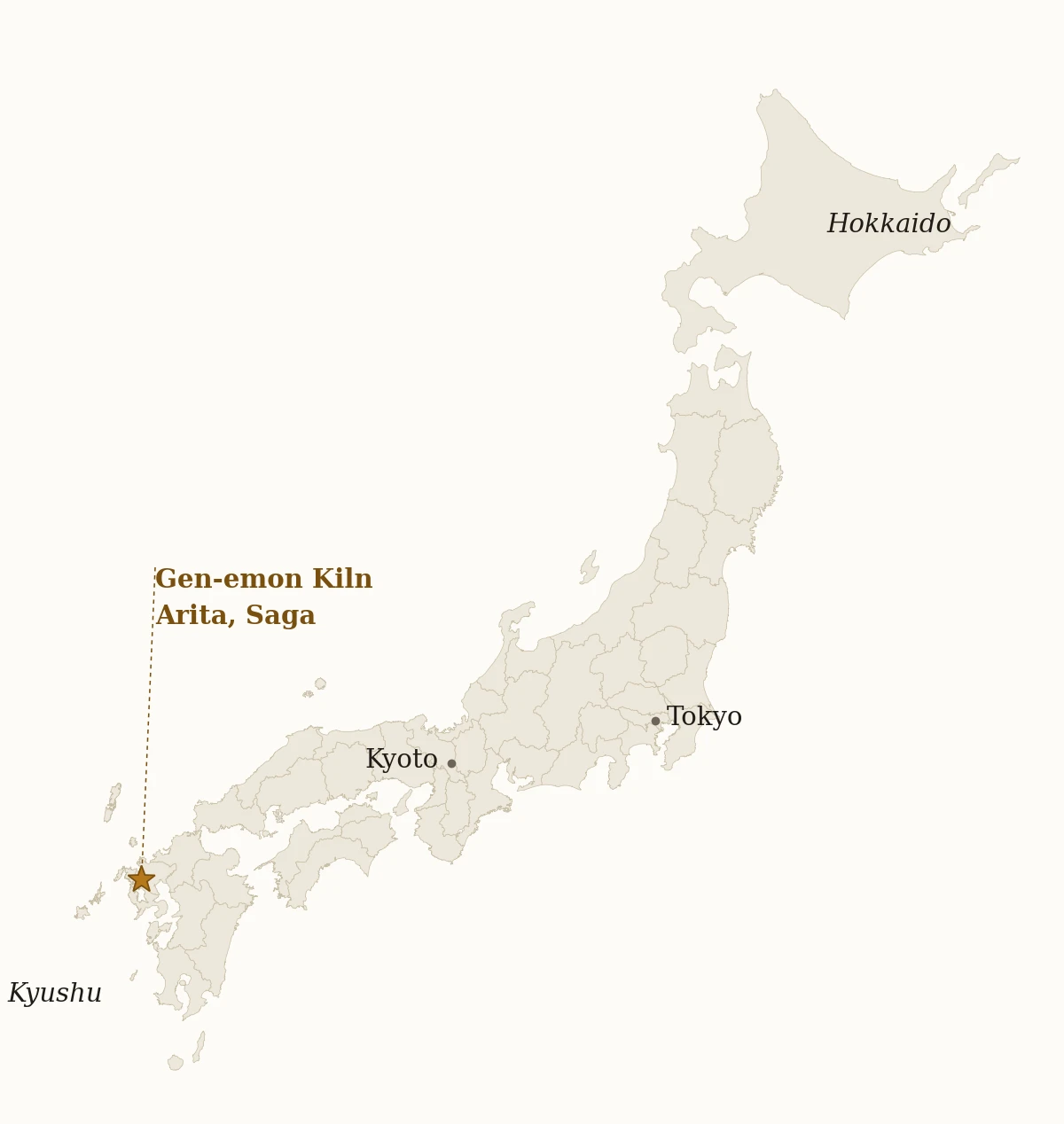 Map showing Gen-emon Kiln in Arita, Saga Prefecture, Kyushu, Japan