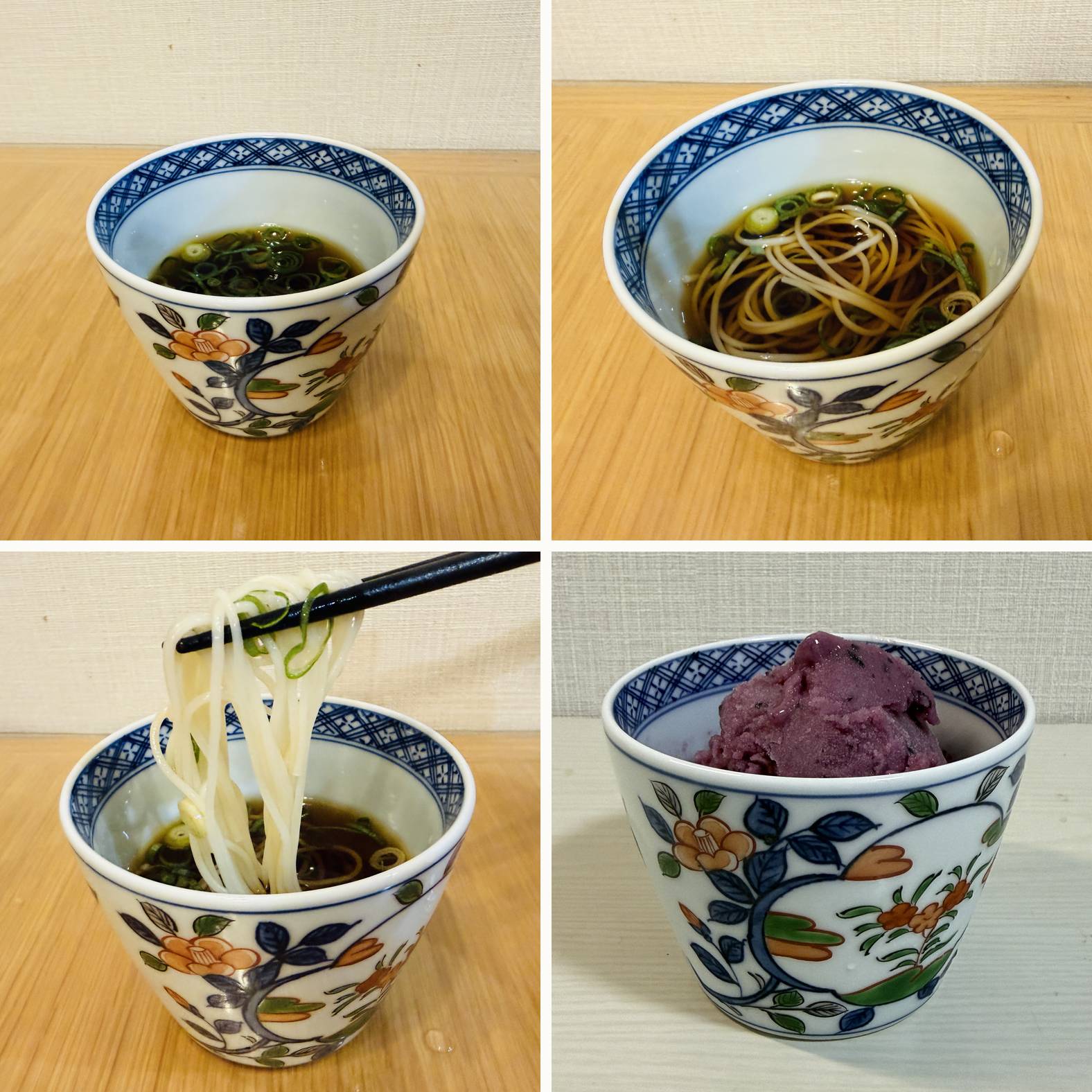 Somen dipping sauce, somen noodles, chopsticks lifting noodles, and purple sorbet served in a Gen-emon Kiln soba choko