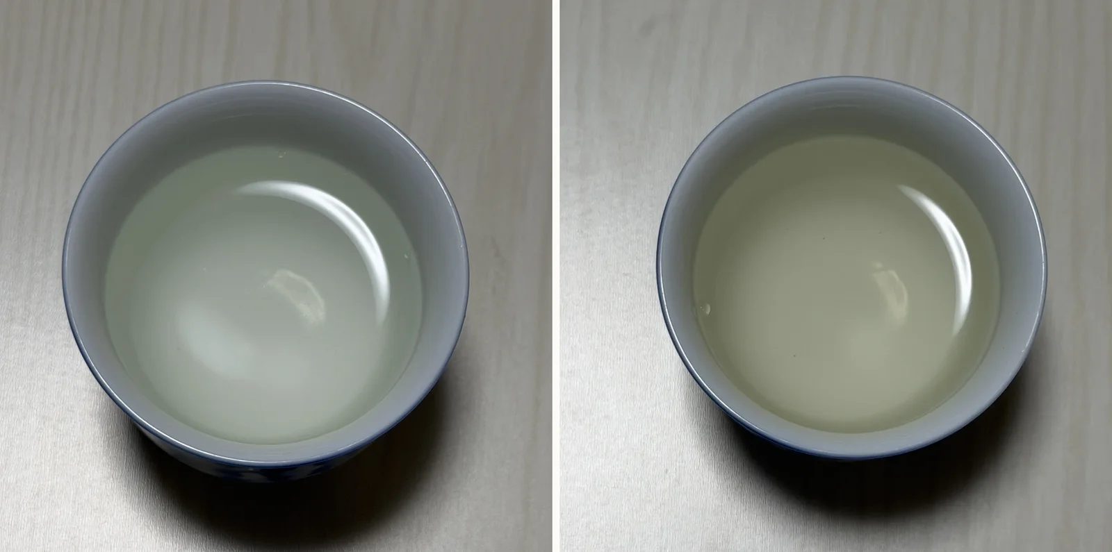 Nabeshima Harvest Moon and Amabuki hiyaoroshi seen from above in the same white porcelain cup, comparing their color