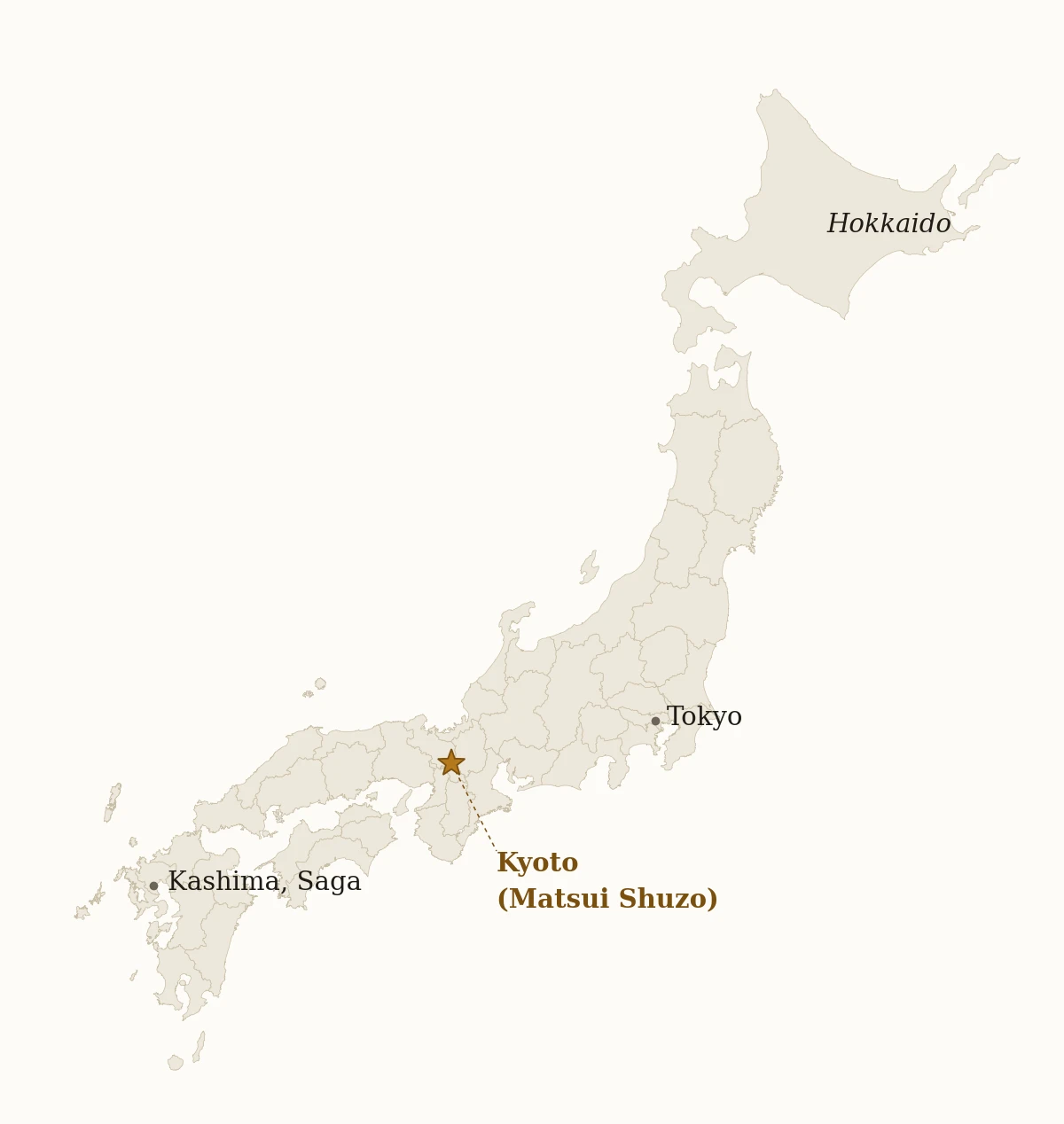 Map of Japan showing Kyoto — home of Matsui Shuzo — with Tokyo and Kashima marked for reference