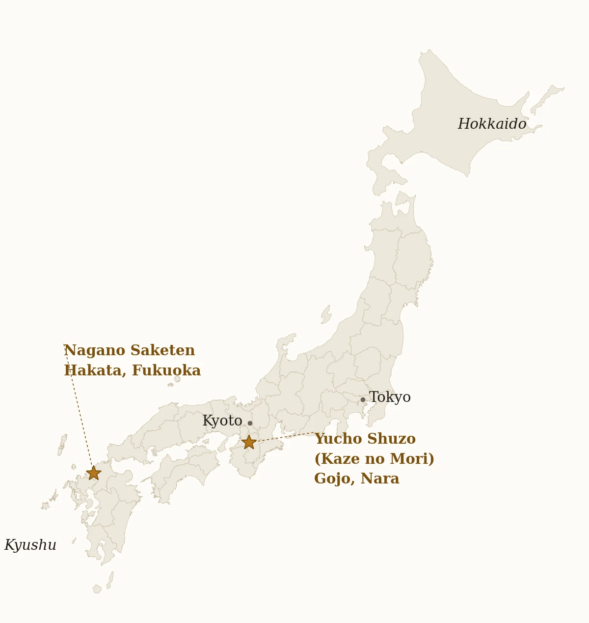 Map of Japan showing Yucho Shuzo in Gojo, Nara — the brewery behind Kaze no Mori — and Nagano Saketen in Hakata, Fukuoka, where I bought this bottle