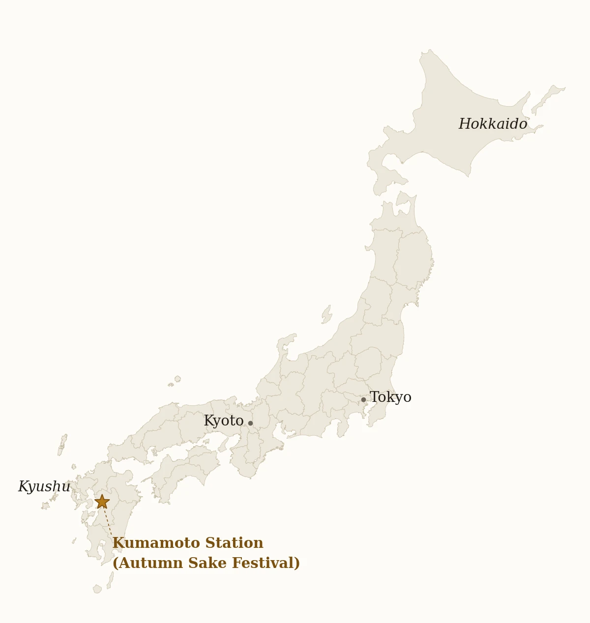 Map of Japan showing Kumamoto Station, with Tokyo and Kyoto marked for reference