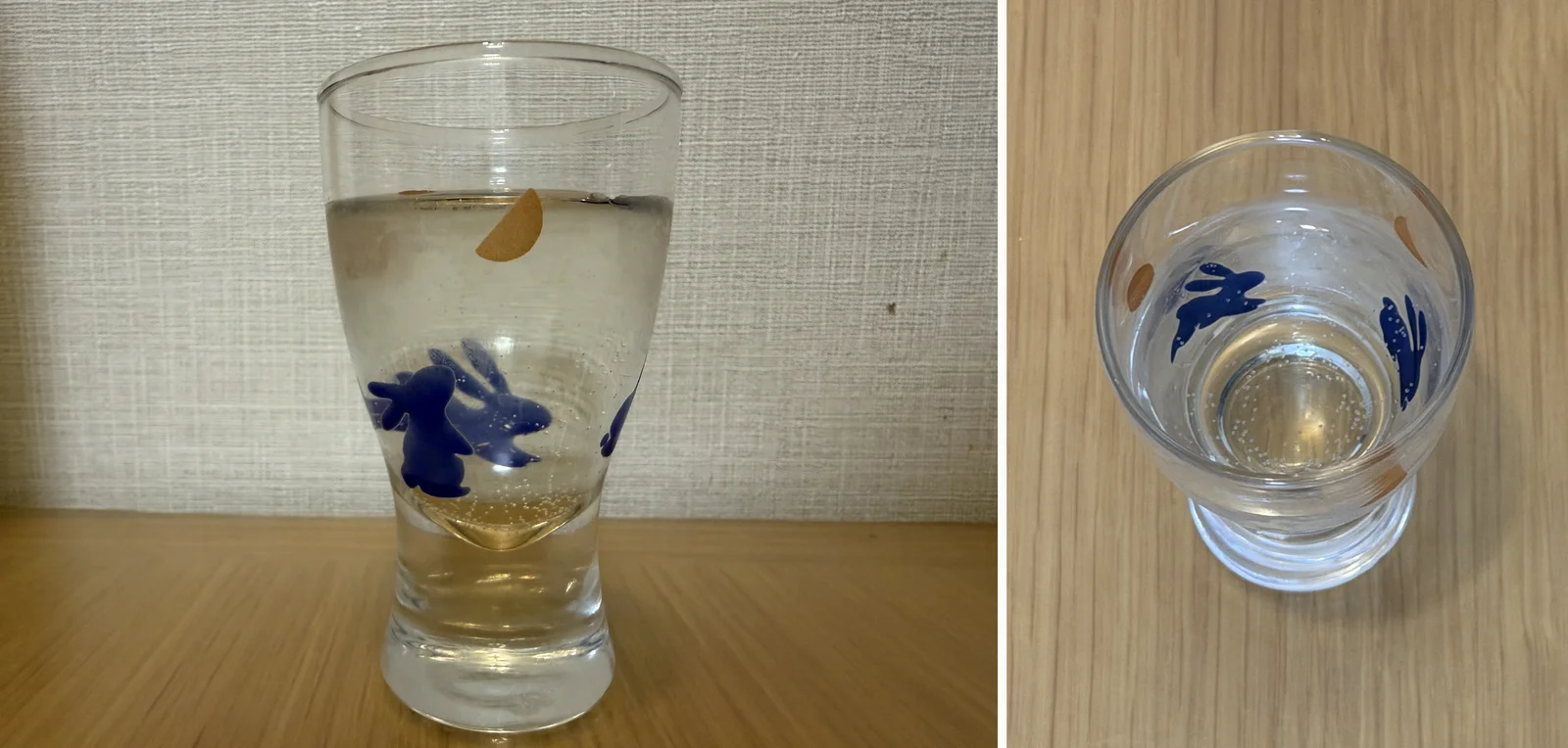 Fine bubbles in a glass of Nabeshima Harvest Moon, seen from the side and from above