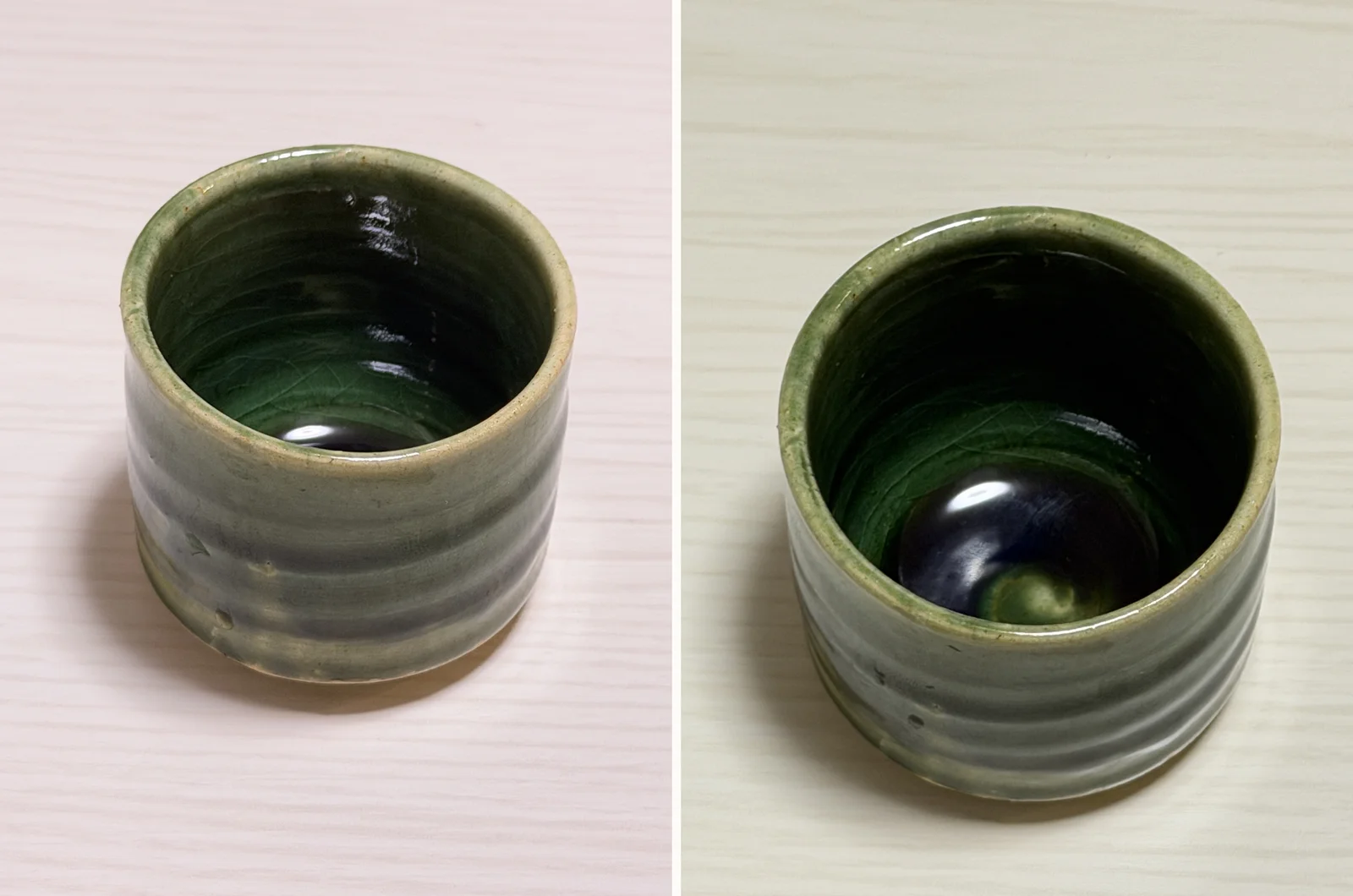 Oribe ware guinomi seen at an angle from the side and from above, showing the green outside and the dark glossy interior