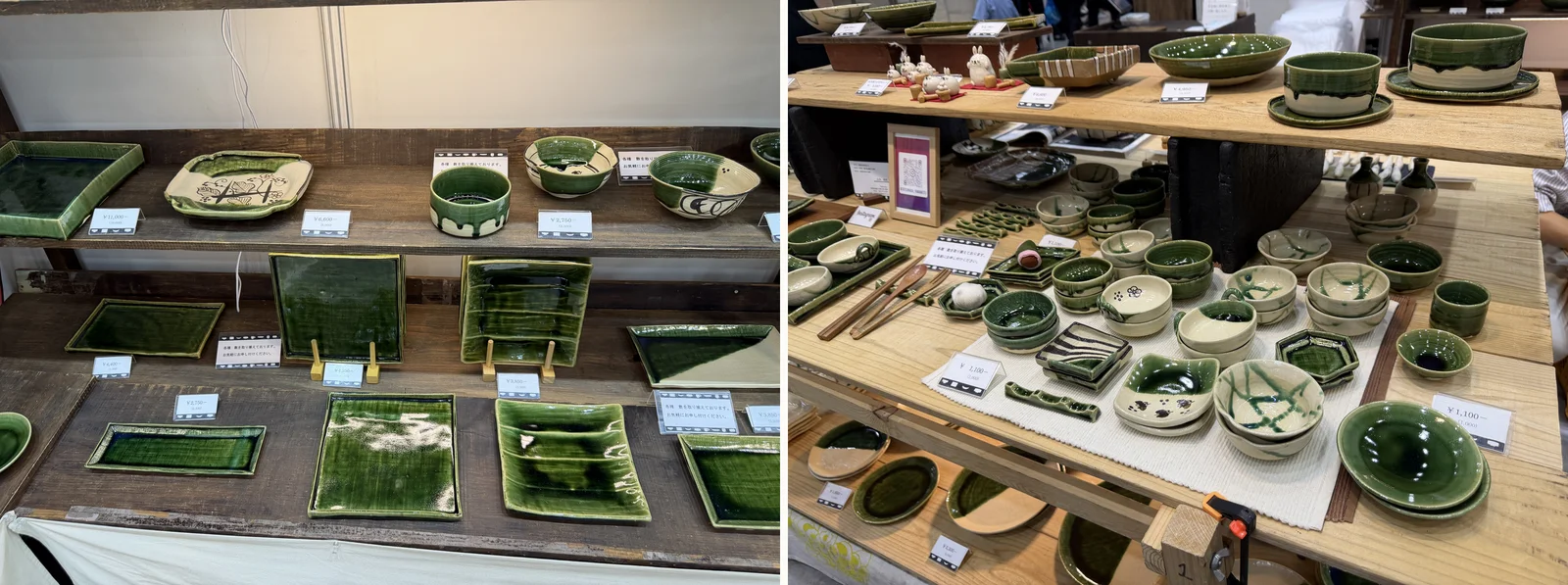 Shelves of green Oribe plates and bowls, and a table of small bowls, dishes, and cups with price tags