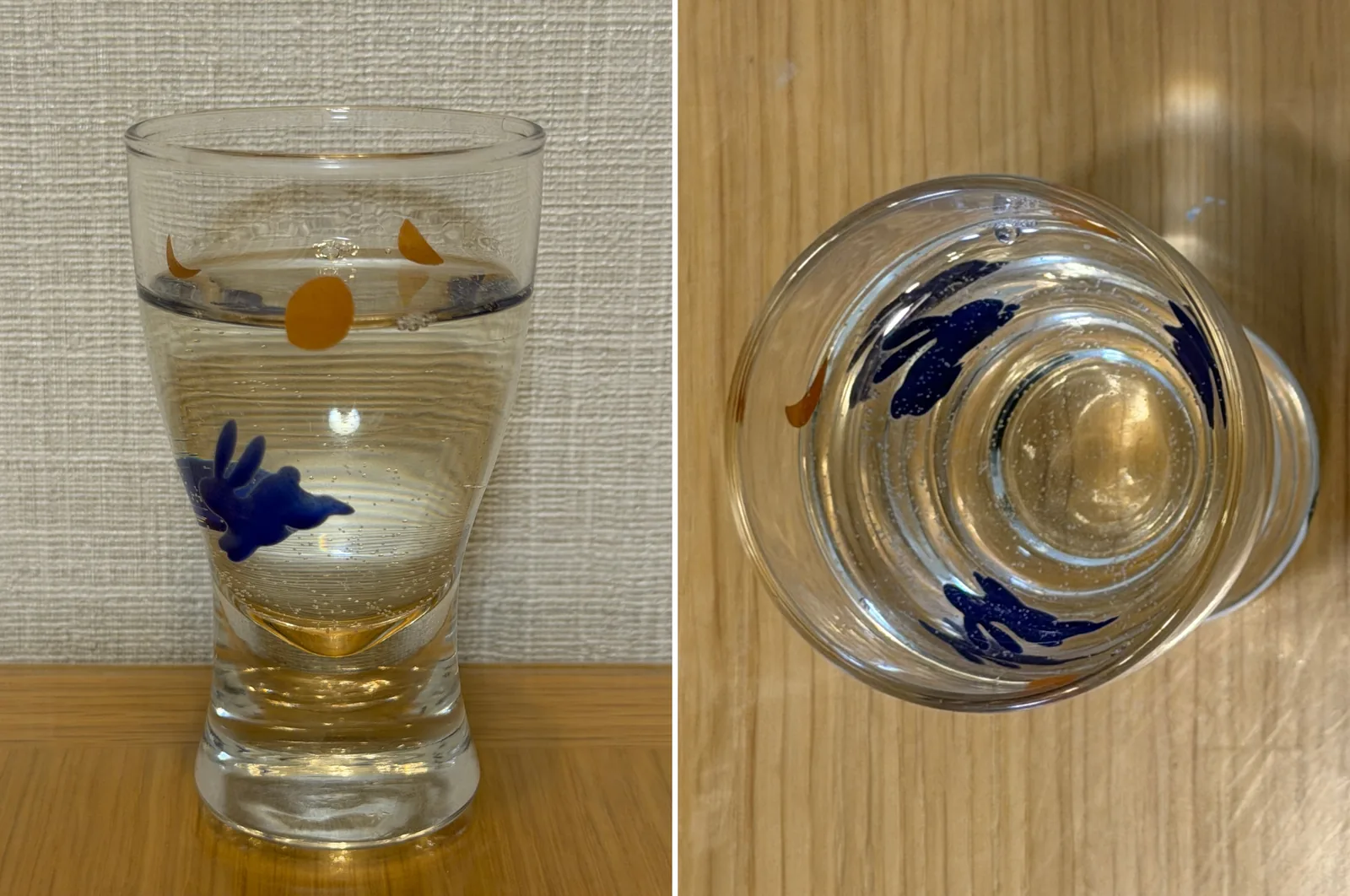 Senkin Modern in a rabbit-motif glass guinomi, seen from the side and from above