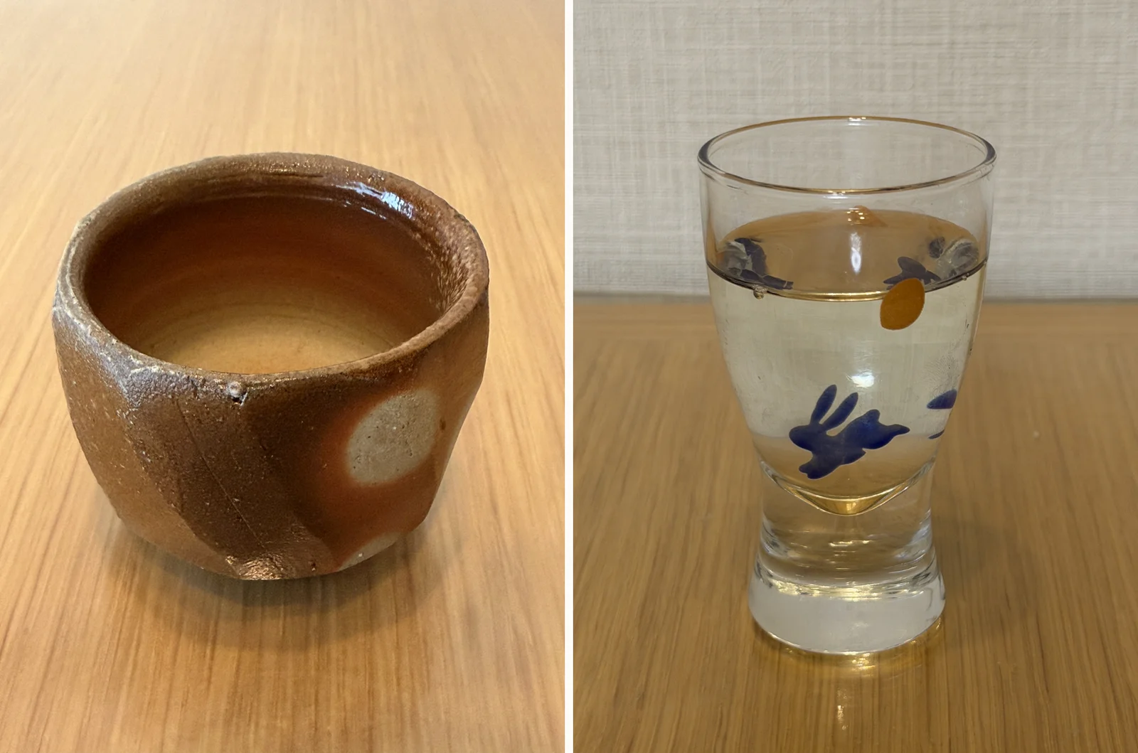 Shichida hiyaoroshi poured into an unglazed Bizen ware guinomi and a clear glass cup