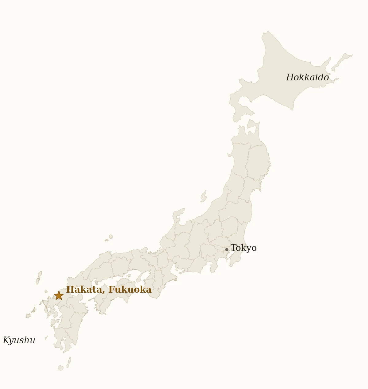 Map of Japan showing Hakata, Fukuoka with Tokyo marked for reference