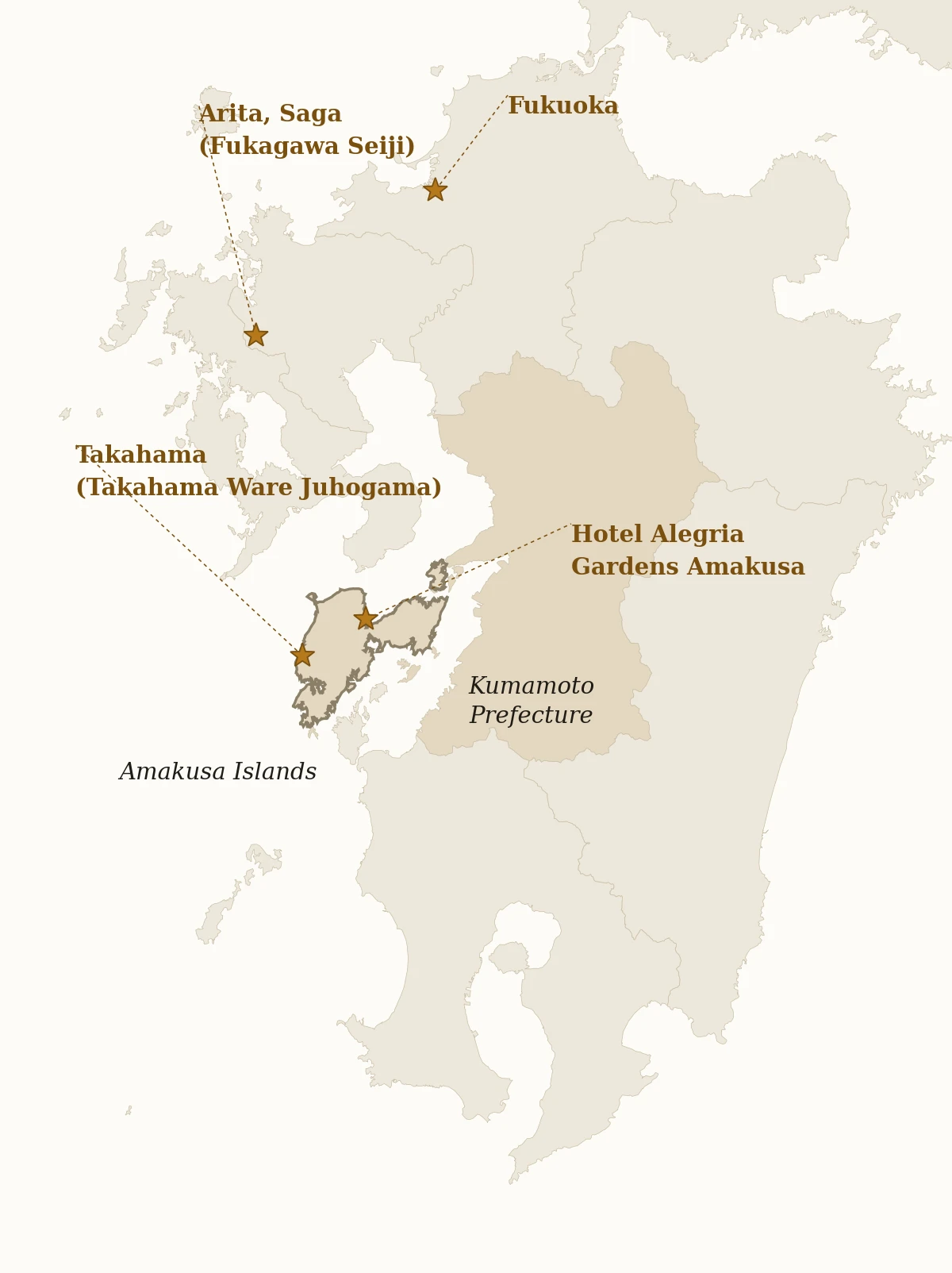 Map of Kyushu showing Fukuoka, Arita, Takahama, Amakusa, and Hotel Alegria Gardens Amakusa